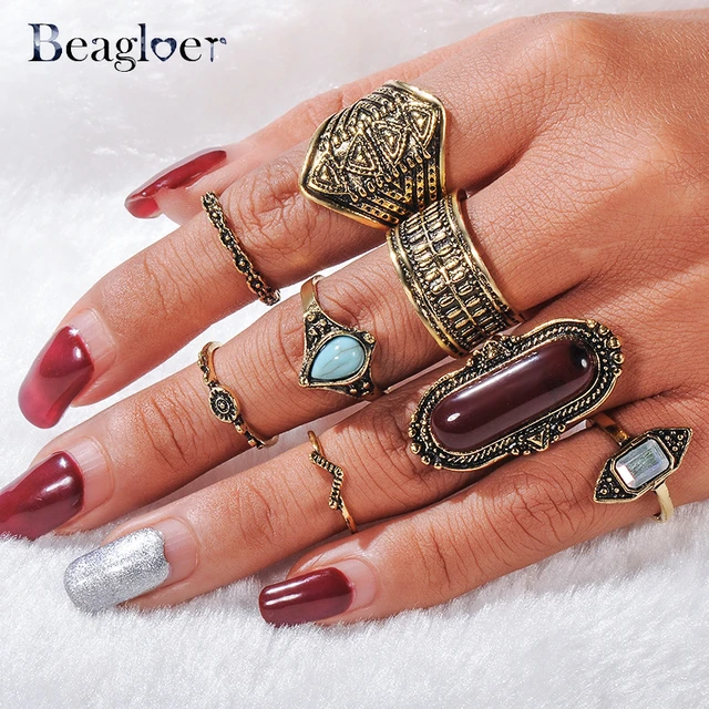 Beagloer Vintage Midi Ring For Women Boho Antique Silver Color Big Stone Knuckle Beagloer Vintage Midi Ring For Women Boho Antique Silver Color Big Stone Knuckle