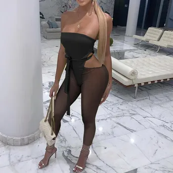 

Fashion Women Bow Sexy Jumpsuit Hollow Out Backless Solid Lace Up Playsuit Summer Mesh Bandage Romper