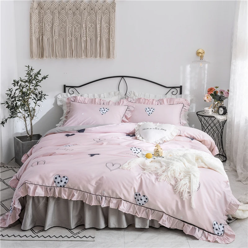 Girls pink Cotton Bedding Set gray bed skirt twin full queen king Quilt Cover Princess Style duvet cover love luxury bedclothes