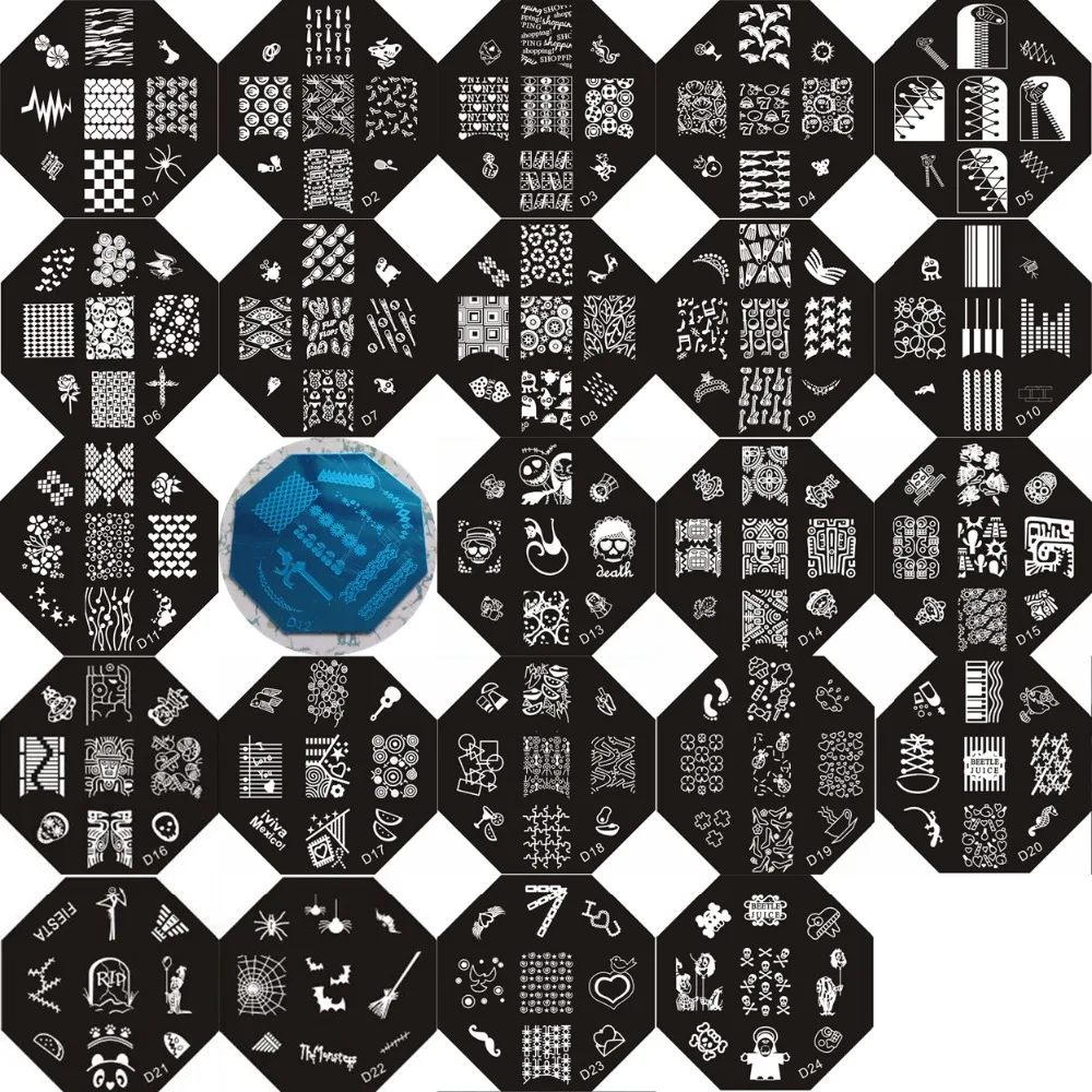 

1PC D01-24 Octagonal Shape Blue Film Nail Art Stamping Image Plate Stainless Stamping Plate Skull Shoe-Lace Spider Web