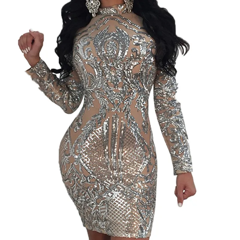 

2023 Amazon Europe and the United States Slim sexy sequins O-Neck long-sleeved women's party dress