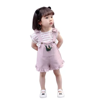 

2pcs Summer Kids Girls Clothing Sets Fashion Striped Short Sleeve Girl T-Shirt +Cute Overalls Shorts Baby Girl Clothes Suit