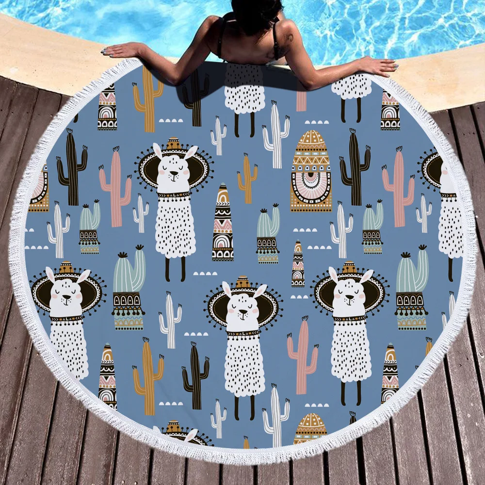 

Cute Alpaca Cartoon Printed Beach Blanket 150cm Tassel Picnic Camping Mat Round Sandbeach Towel Pad Shawl Mattress
