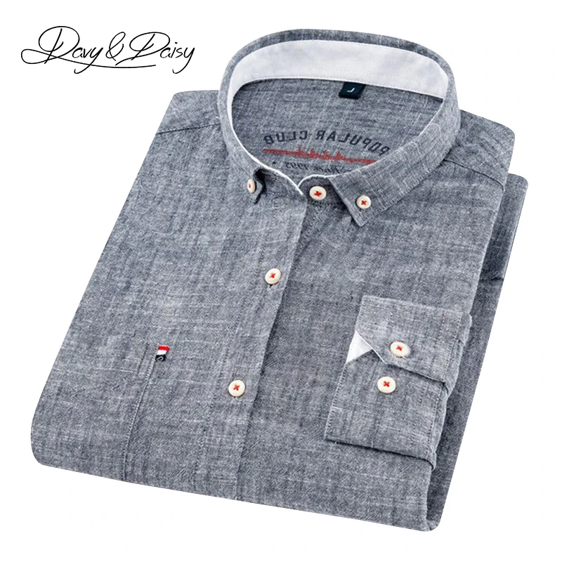 Achat DAVYDAISY 2019 haute qualité hommes chemise à manches longues coton et lin col rabattu robe solide décontracté chemise hommes Camisas DS 240