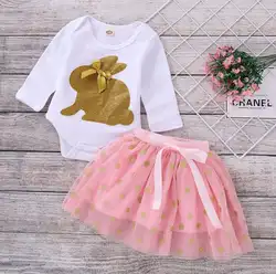 Комплект из 2 шт., белое, розовое платье-пачка с длинными рукавами и блестящим кроликом для маленьких девочек, юбка-пачка в горошек для 0-24