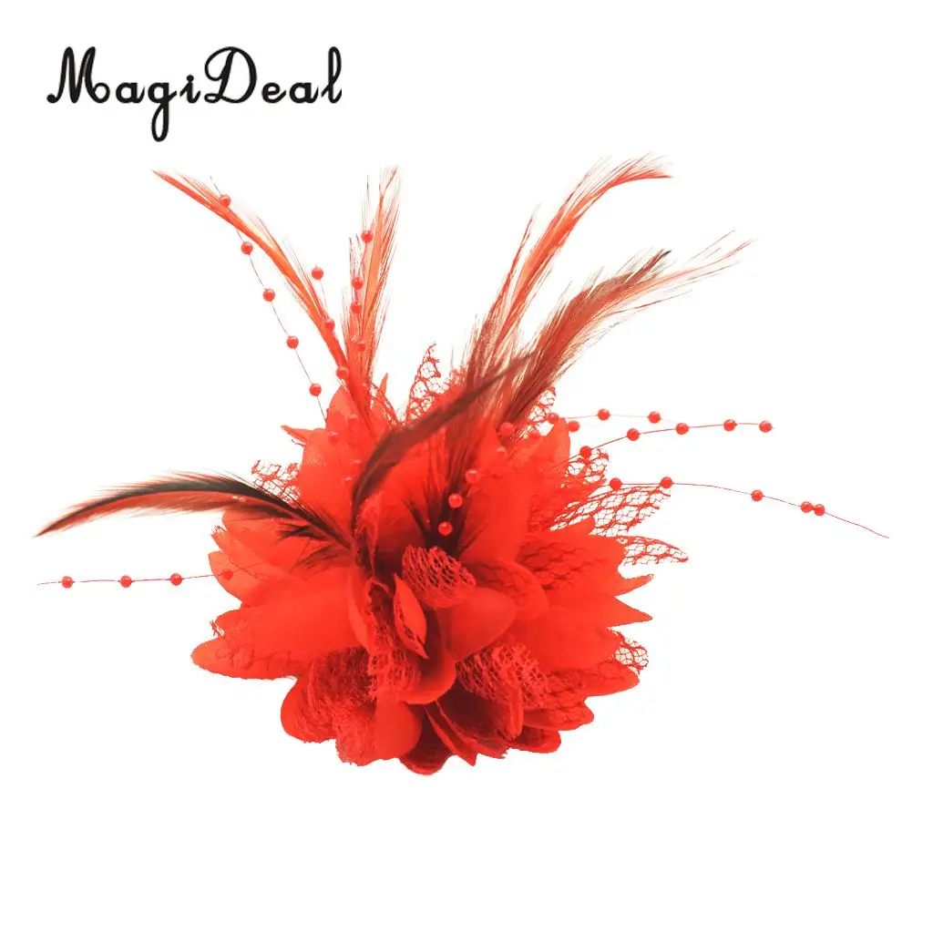 Feather Pearls Flower Decoration,Hair Clip Accessories,Corsage,Brooch ,Wrist Flower Wedding Party Decoration for Bride - Red