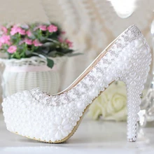 Wedding Dress Shoes Genuine Leather White Pearl Luxury Rhinestone Shoes Bridal Shoes for Wedding Party Ball Prom Pageant Event