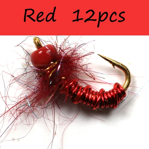 Red 12pcs Bimoo 12 шт. глубокий Бюстгальтер черный, красный, золотой миджес/Chironomids Buzzers бусина голова Nymphs мухи лососевая форель Fly рыболовные приманки - Цвет: Red 12pcs