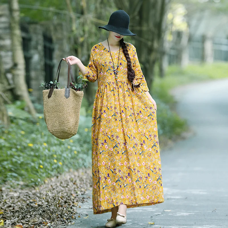 Летние Для женщин из хлопка и льна с цветочным принтом Robe платье на бретелях Этническая Винтаж Мори Девушка Свободные Boho Beach-линии платья Vestidos