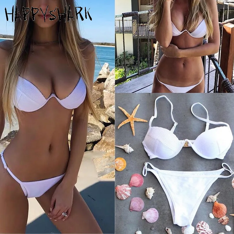 HAPPYSHARK 2018 New Sexy Brazilian Thong Bikinis Plus Size Solid Underwire Push Up Biquinis Set Female White 2 Pcs Swimwear 2XL | Женская