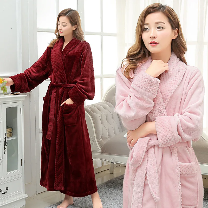 Winter Warm Flannel Bathrobe Women Length Bath Robe Soft Thick Cute Bridesmaid Robes Female