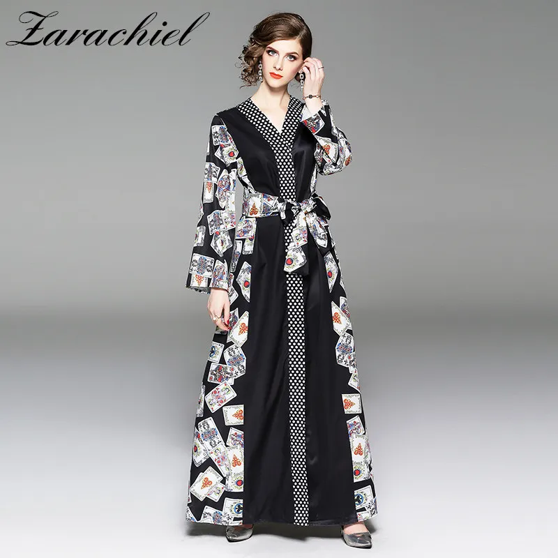 

2019 Runway Dresses Autumn Women Brand Playing Card Printed Dot Maxi Dress Ladies Long Sleeve Sashes Loose V Neck Long Dresses