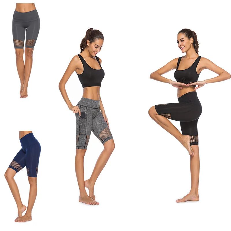 Women Yoga Shorts Polyester Spandex Knee Length Mesh Sport Shorts for