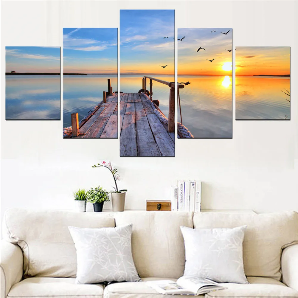 Sunset Painting on Canvas Seascape and Pier Canvas Wall Art Modern