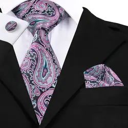 C-1614 Привет-галстук новое поступление серый Пейсли серый галстук Ханки Запонки Набор ткани шелковые галстуки для Для мужчин Бизнес