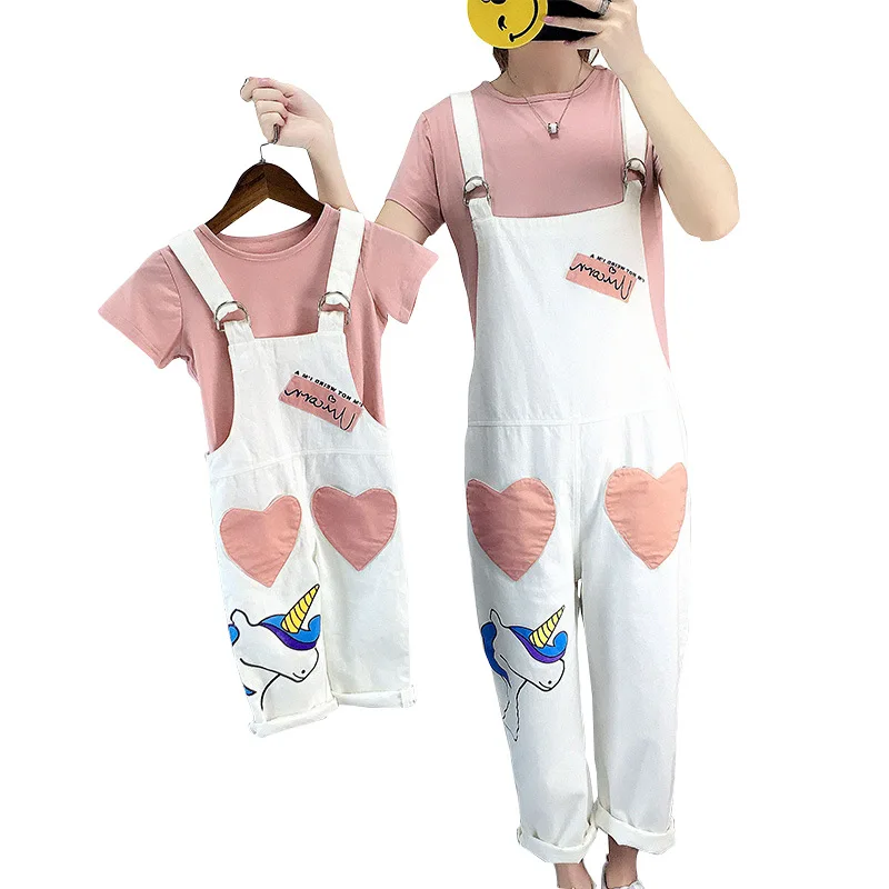 Одежда для мамы и дочки; платье; джинсы; капри; стильная рубашка с единорогом+ брюки; комплект из двух предметов; пижамы для девочек; одинаковые комплекты для семьи из хлопка - Цвет: 1
