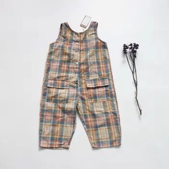 

Summer Unisex Kids Plaid Jumpsuits Korean Style Cotton Linen Baby Boys Girls Sleeveless Overalls Children Pants