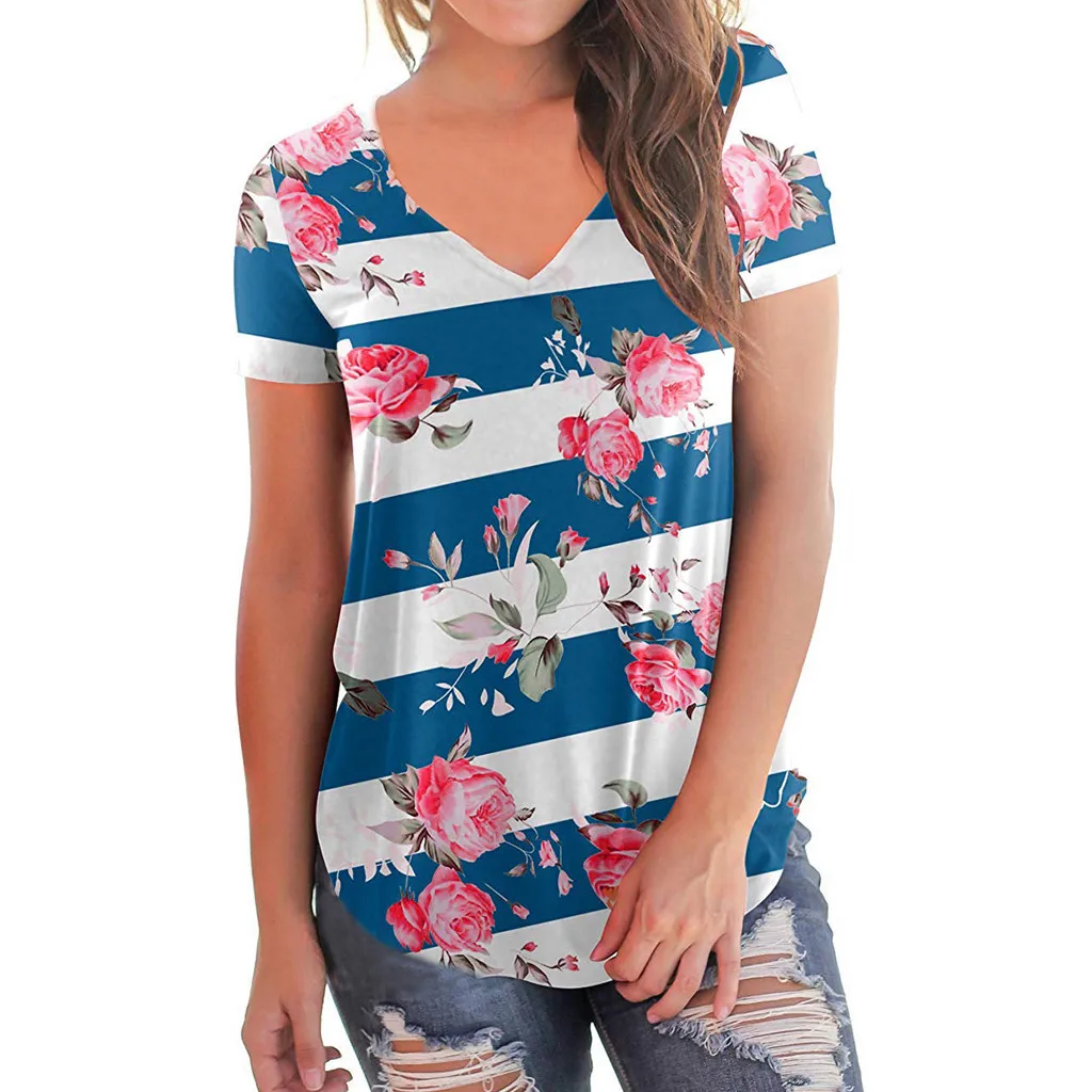 

SAGACE new Womens T shirt 2019 Short Sleeve V-Neck Floral Print Loose Casual Tee T-Shirt Tops floral print t-shirt female tops