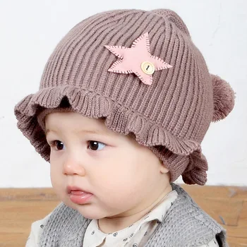 

Autumn Winter Knitted Baby Hat Pentagram Pom Pom Cotton Cute Princess Cap Warm Girl Kids Hats