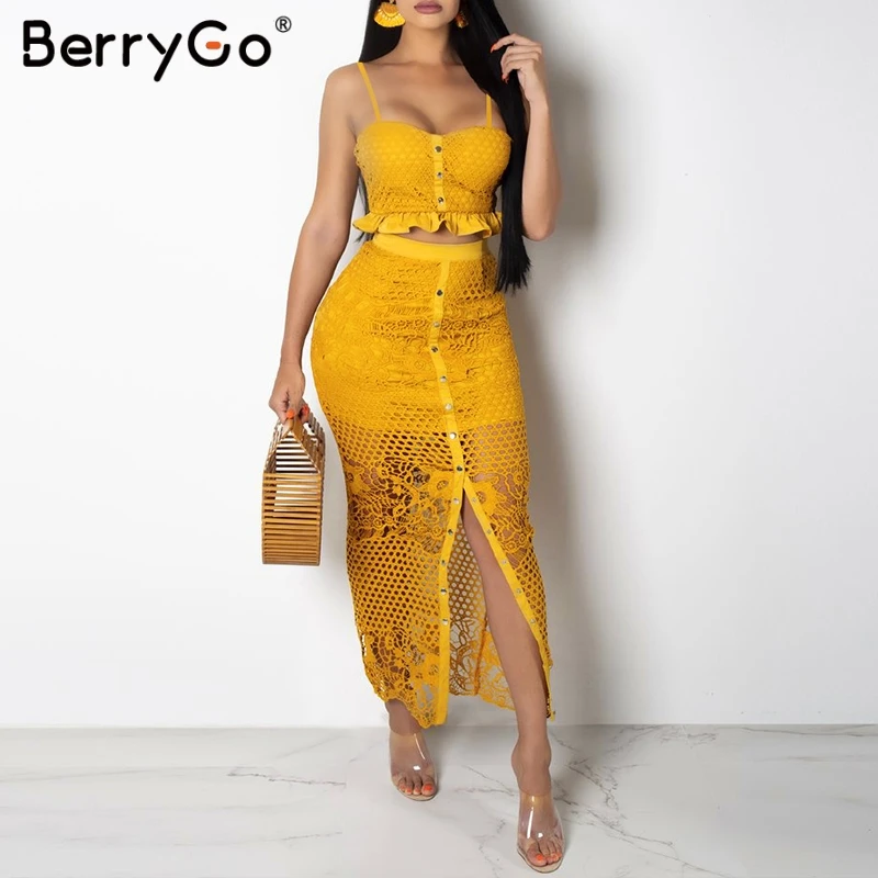 

BerryGo women dress lace dress Hollow out two-piece Spaghetti strap button female summer sundress Elegant ladies midi dress 2019