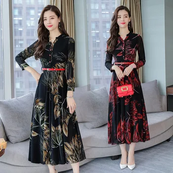 

Large size M-3XL 2018 autumn new floral Slim A word women's dress fashion long-sleeved V-neck high quality elegant Vestido
