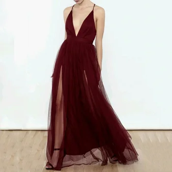 

Fashion Burgundy Tulle Women Summer Dress Hot Girl Prom Birthday Party High Leg Split Sexy Open Back Maxi Gowns Vestidos Longo