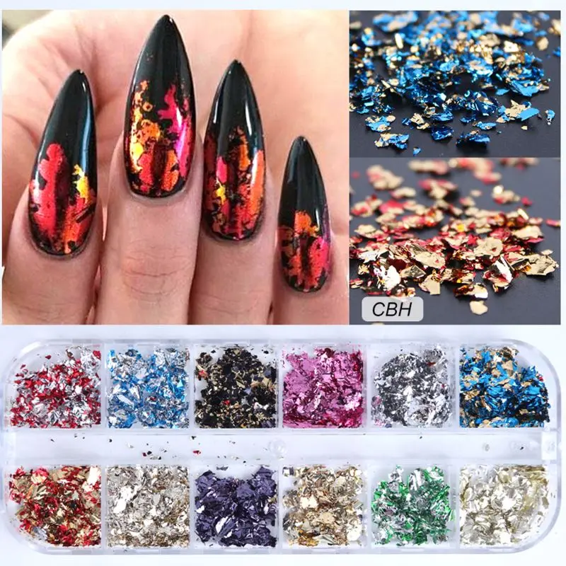 12 Girds/Set Nail Art Color Glitter Paper Sheet Flake Irregular Rainbow Foil Paillette Chip DIY Decoration Sticker Manicure Tool
