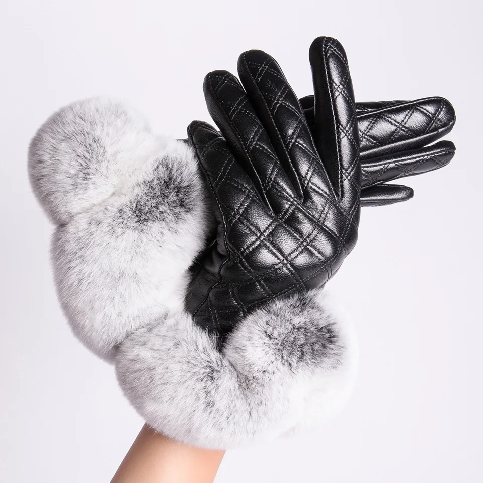 MPPM Real  Rex Rabbit Fur Gloves Women Genuine Leather Gloves for Winter  Touchscreen gloves Fashion mittens