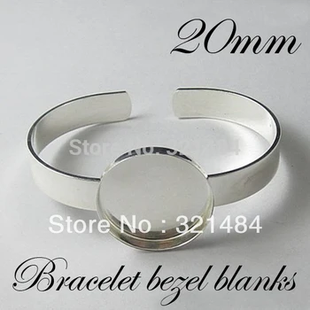 

100pcs Silver plated brass metal Cuff bracelet blanks w/ 20mm Round Caps bezels cameo cabochon setting WHOLESALE