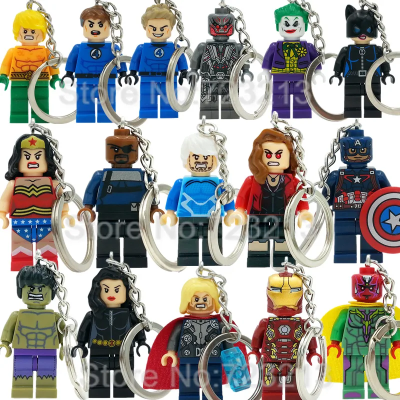 

Super Hero Hulk Joker Ultron Legoingly Figure Keychain Nick Fury Vision Human Torch Black Widow Key Ring Building Blocks Toys