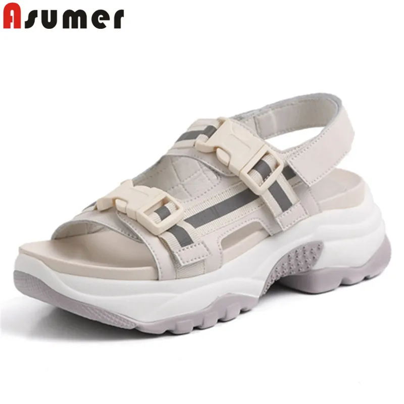 

Asumer 2019 new genuine leather shoes casual summer sandals mesh flat platform sandals comfortable ladies shoes women sandals