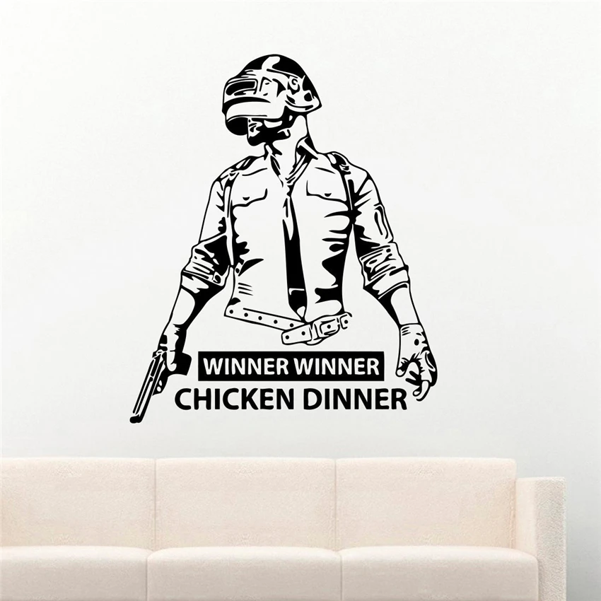  PUBG Vinyl Wall Decals Soldier in Helmet Winner Winner Chicken Dinner Video Game Battlegrounds Deco