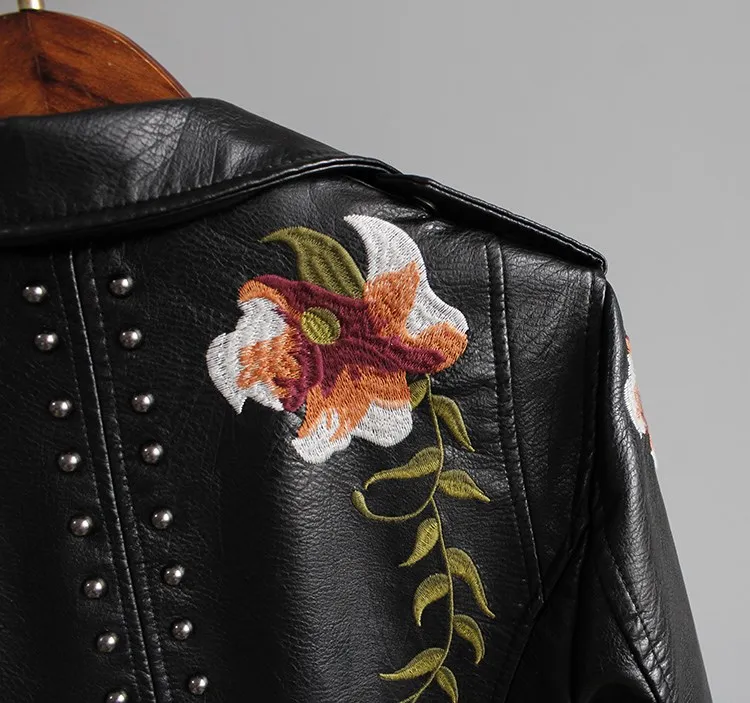 2018 Women Jackets Floral Print Embroidery Faux Soft Leather Jacket Coat Casual PU Motorcycle Punk Outerwear