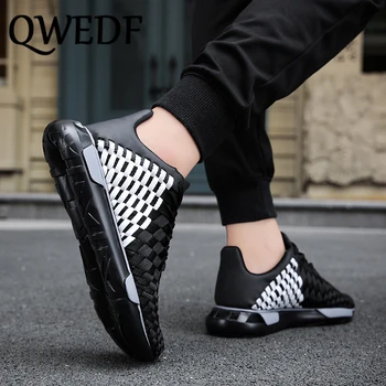 

QWEDF New Stretch Fabric Sneakers Lace-Up Men Sneakers Summer Knit Checkered Comfort Top High Quality Casual Footwear GA-87