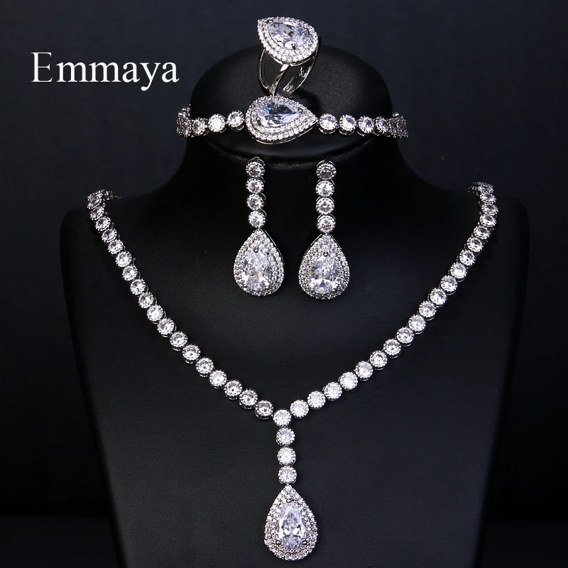 Роскошь emmaya большой серебряный цвет ослепительный кубический циркониевый Свадебный комплект ювелирных изделий 4 шт. ожерелье браслет кольцо для индийских женщин
