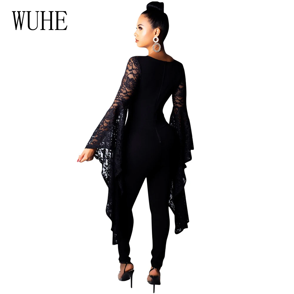WUHE Sexy Sheer Black Lace Jumpsuit Bodysuit Women See Through Flare Long Sleeve Deep V Neck Rompers Long Pants Party Overalls