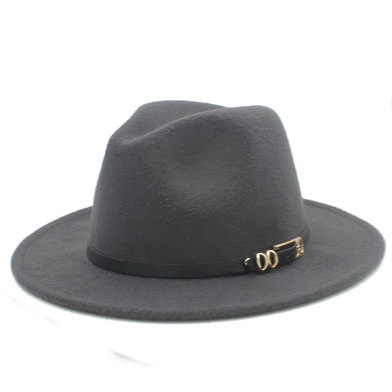 Dark Gray Шерсть для женщин и мужчин зима осень Outback Fedora Шляпа с широким джазования с полями церковный Крестный отец шапка модный пояс - Цвет: Dark Gray