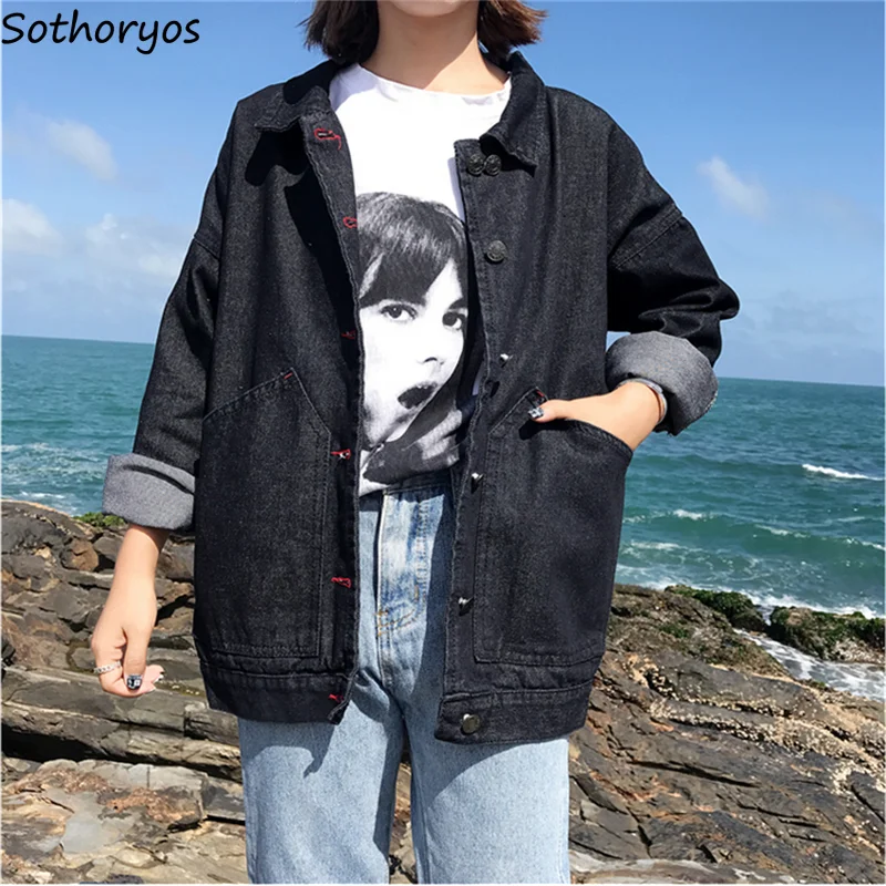 

Jackets for Women Autumn Solid Denim Turn-down Collar Single Breasted Simple All-match Korean Style Coats Womens Harajuku BF