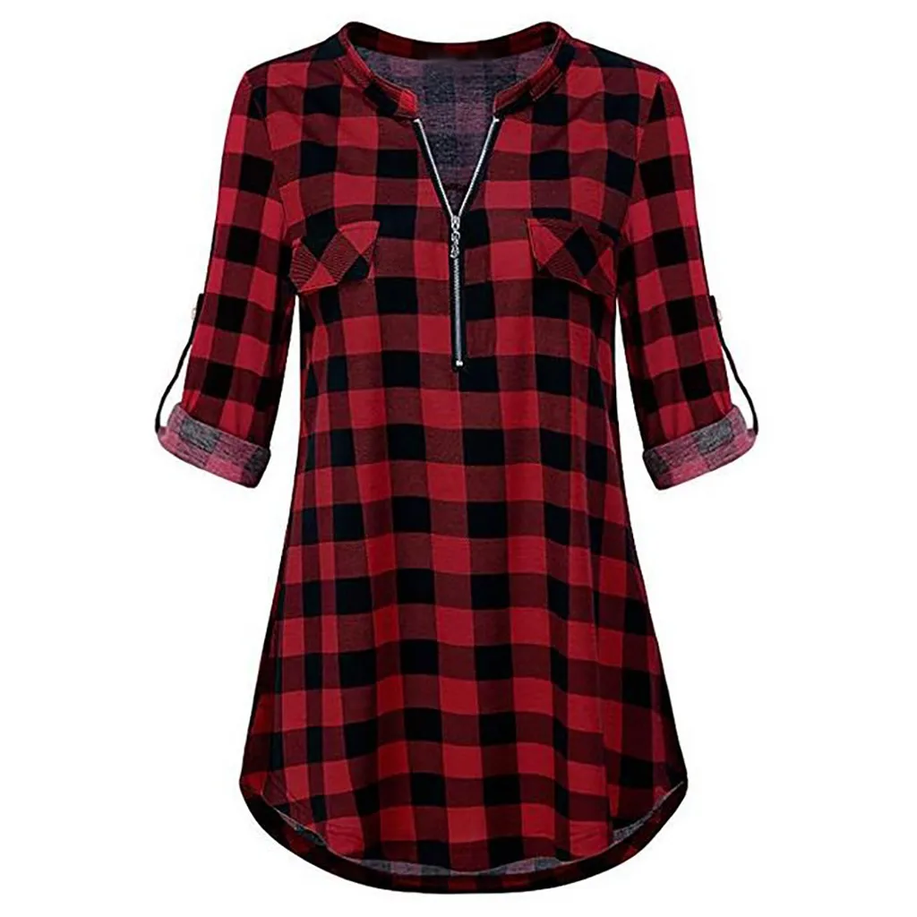 

Women's Zip Plaid V Neck Long Sleeve Casual Shirt T-shirt Top basic t shirt women long sleeve womens tops