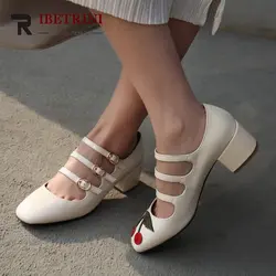 RIBETRINI 2018 бренд натуральной кожи квадратный носок не сужающийся к низу каблук Женская обувь Туфли с ремешком и пряжкой офисные туфли-лодочки