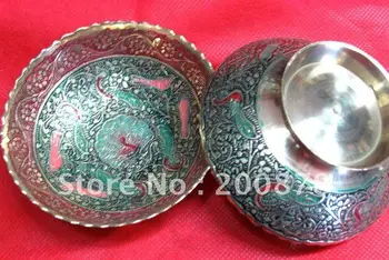 

HDC0715 Nepal brass colorful painting Fruit candy plate,110*35mm,Hand carved red Peacock handicrafts