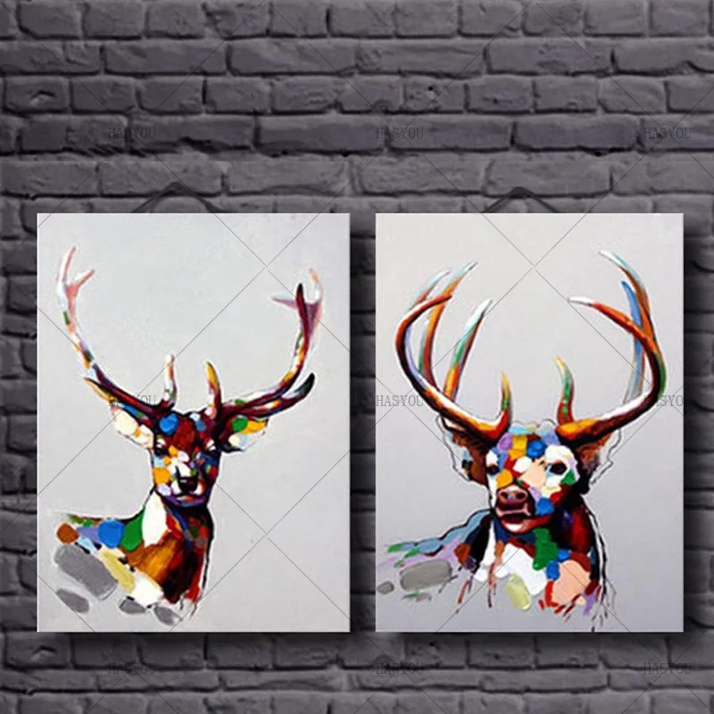100-Hand-Painted-Group-2-Panels-Modern-Animal-Beautiful-Colorful-Deer-Heavy-Texture-Oil-Painting-on