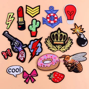 Sewing Clothes Gun Patch Iron On Embroidery Patches Hotfix Applique Motifs Sew On Garment Stickers Crown Bee Donut Bomb Cool New