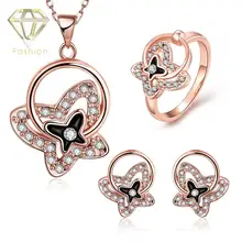 /Rose/White Gold Plated Crystal Butterfly Necklace+Earrings+Ring Bridal Jewelry Sets