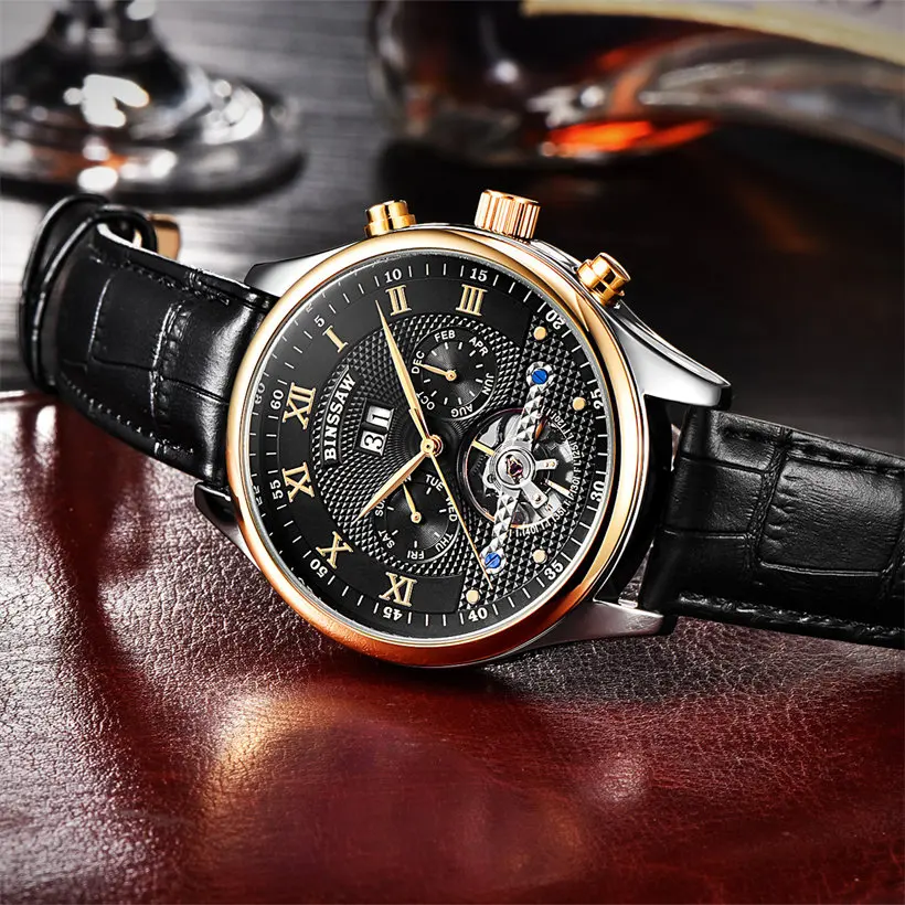 Binssaw فاخر الميكانيكية ووتش توربيون الرجال التلقائي ساعات المعصم أعلى تماما رجل الأعمال الجلدية ساعة relogio masculino