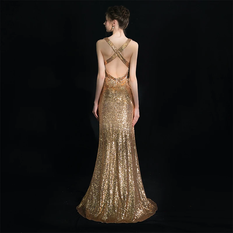 Beauty-Emily Sequins Golden Evening Dresses A Line Long Formal Prom Party Dresses 2019 Long for Women New Style Beauty-Emily Sequins Golden Evening Dresses A Line Long Formal Prom Party Dresses 2019 Long for Women New Style