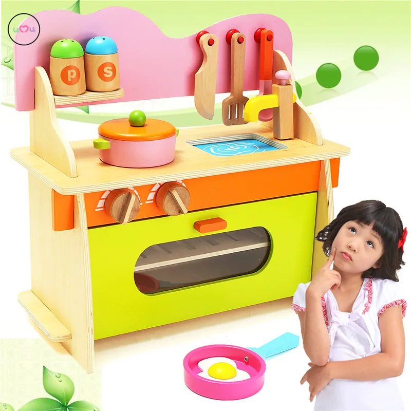 

New Arrival 36*17*36cm Colorful Kitchen Wooden Wood Pretend Gas Stove Toy Model Set For Kids Gifts Home