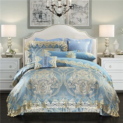 Gold blue oriental jacquard luxury royal bedding sets queen/king size 4