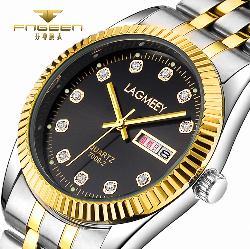 

FNGEEN Gold Watch Men Date Window Diamond Dila Watches For Gentleman