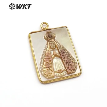

WT-JP082 Natural Sea Shell Jewelry Rectangle Shape Religious Token Dainty Shell With Gold Bezel For Women Pendant Necklace